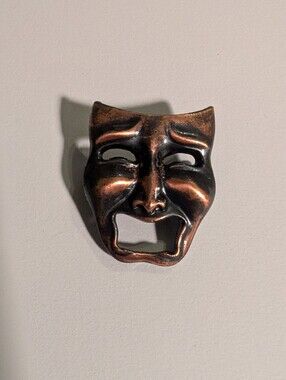 Vintage Solid Copper Tragedy Theater Mask Pin / Brooch